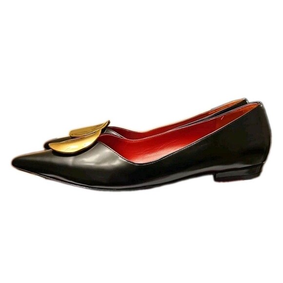 Tory Burch Patos Point Toe Black Flat Patent Leather Gold Medal, Womens Size 7 M - Picture 4 of 10